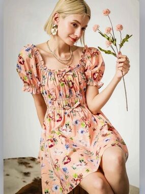NWT Umgee Peach Floral Smocked Waist Puff-Sleeve Dress